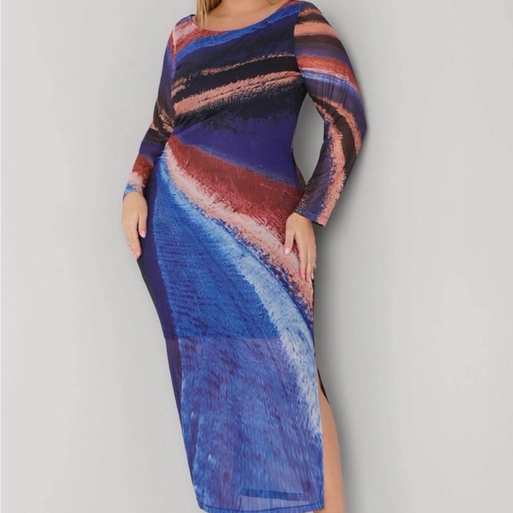 Ashley Stewart Blue Multicolor Long Sleeve Bodycon Dress